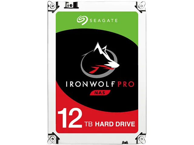 Silver 3.5 inch bare hard drive with exposed circuit board and label showing Seagate IronWolf Pro 12TB