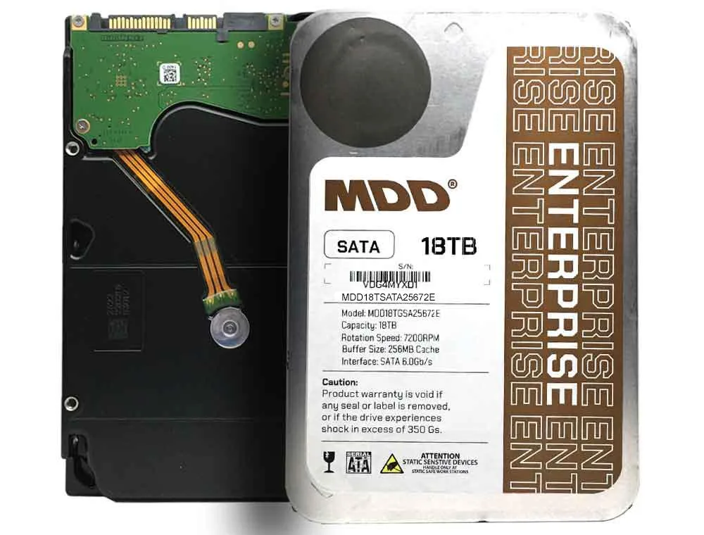 Silver rectangular 3.5 inch hard drive with label showing 18TB capacity