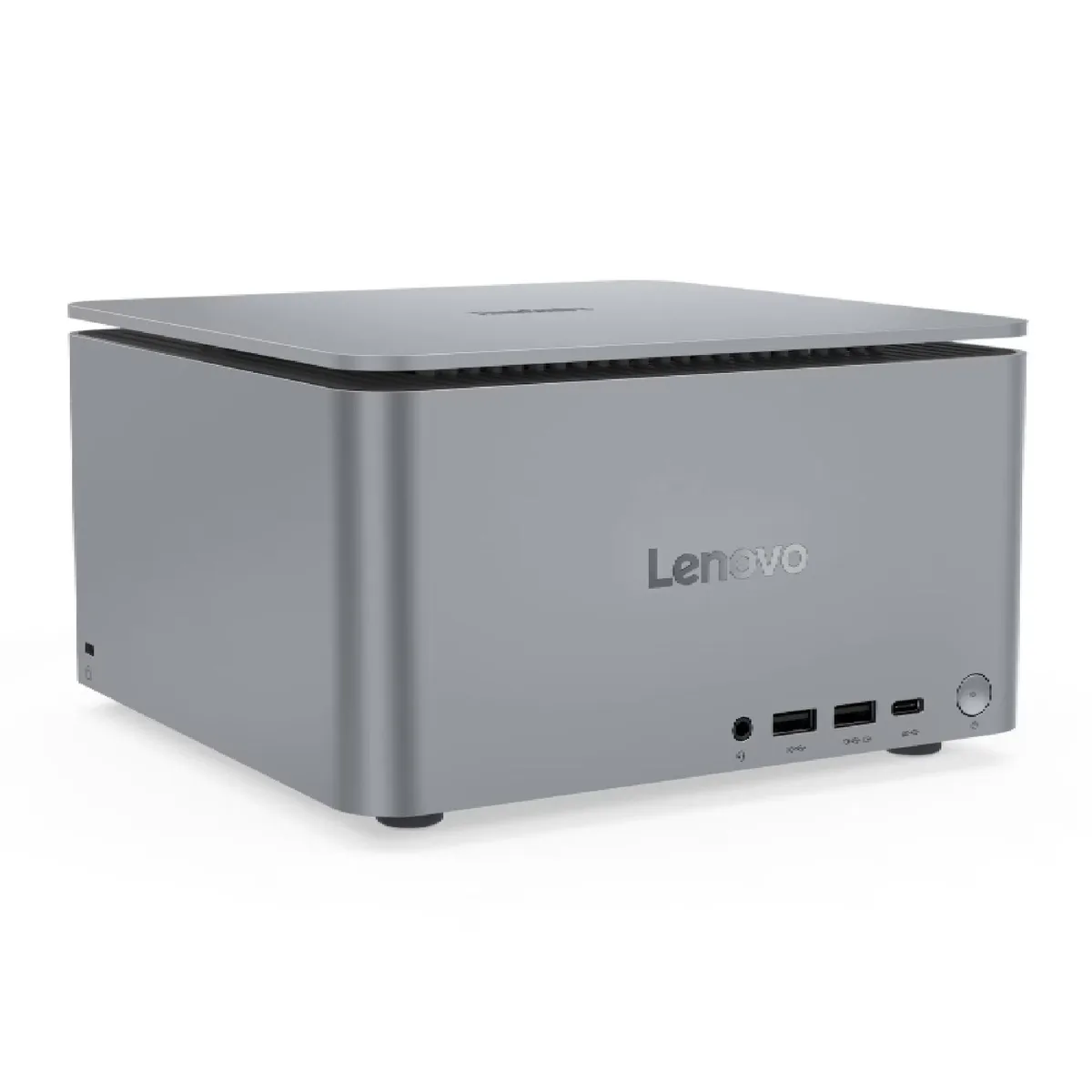 Compact grey desktop unit, tiny form factor, matte finish