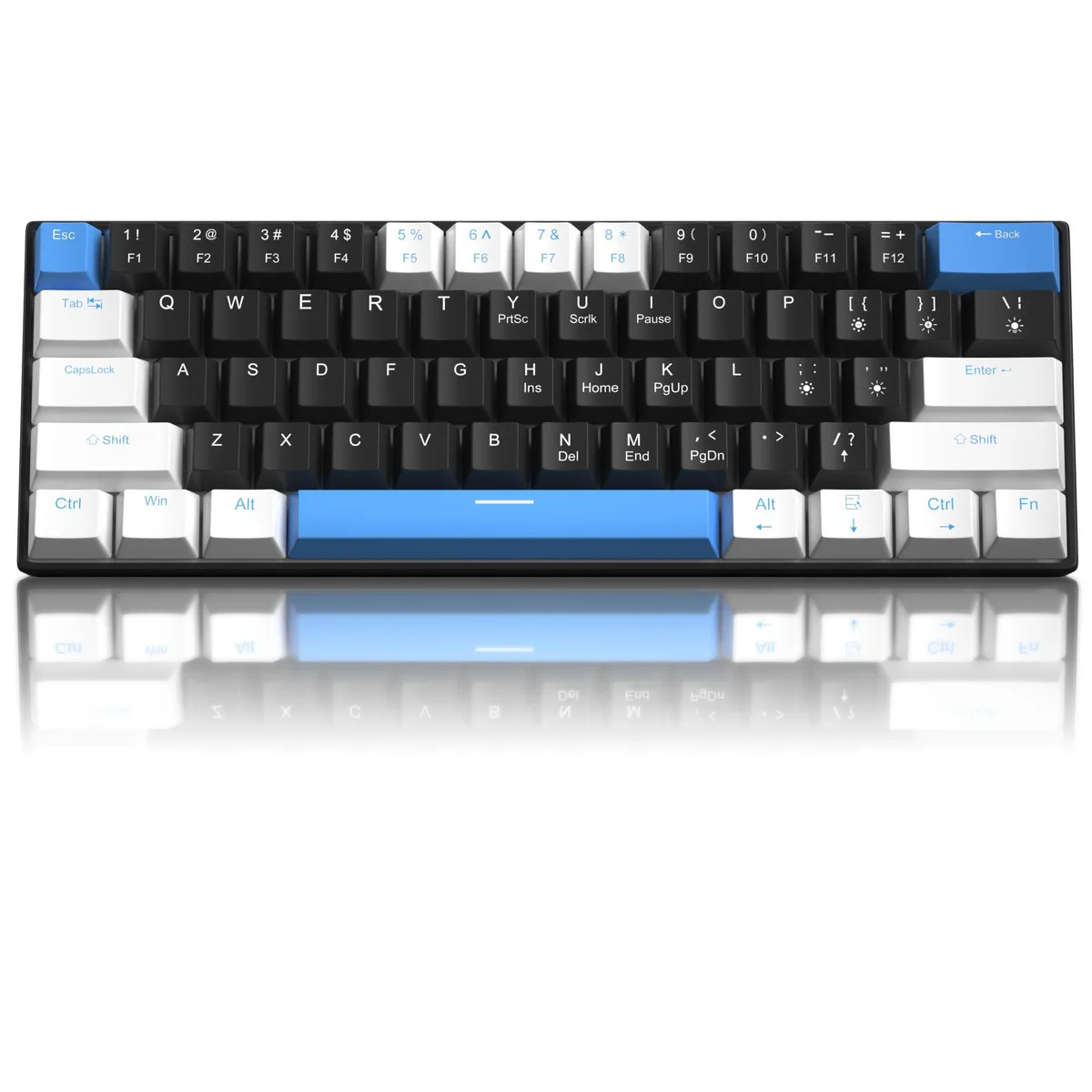 Compact 60 percent mechanical keyboard with white black blue keycaps and blue LED backlighting