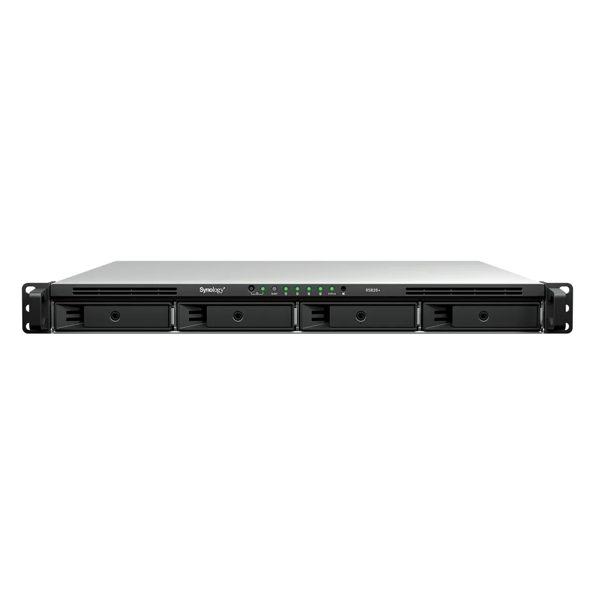 Silver 1U rackmount NAS chassis with four drive bays and front status LEDs