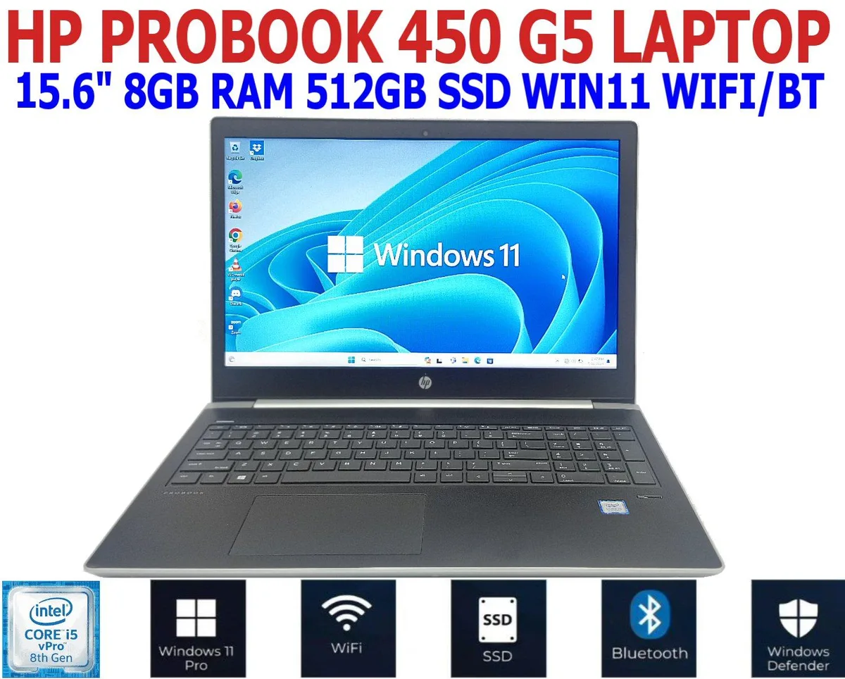 Silver HP ProBook 450 G5 laptop, 15.6 inch screen, slim profile