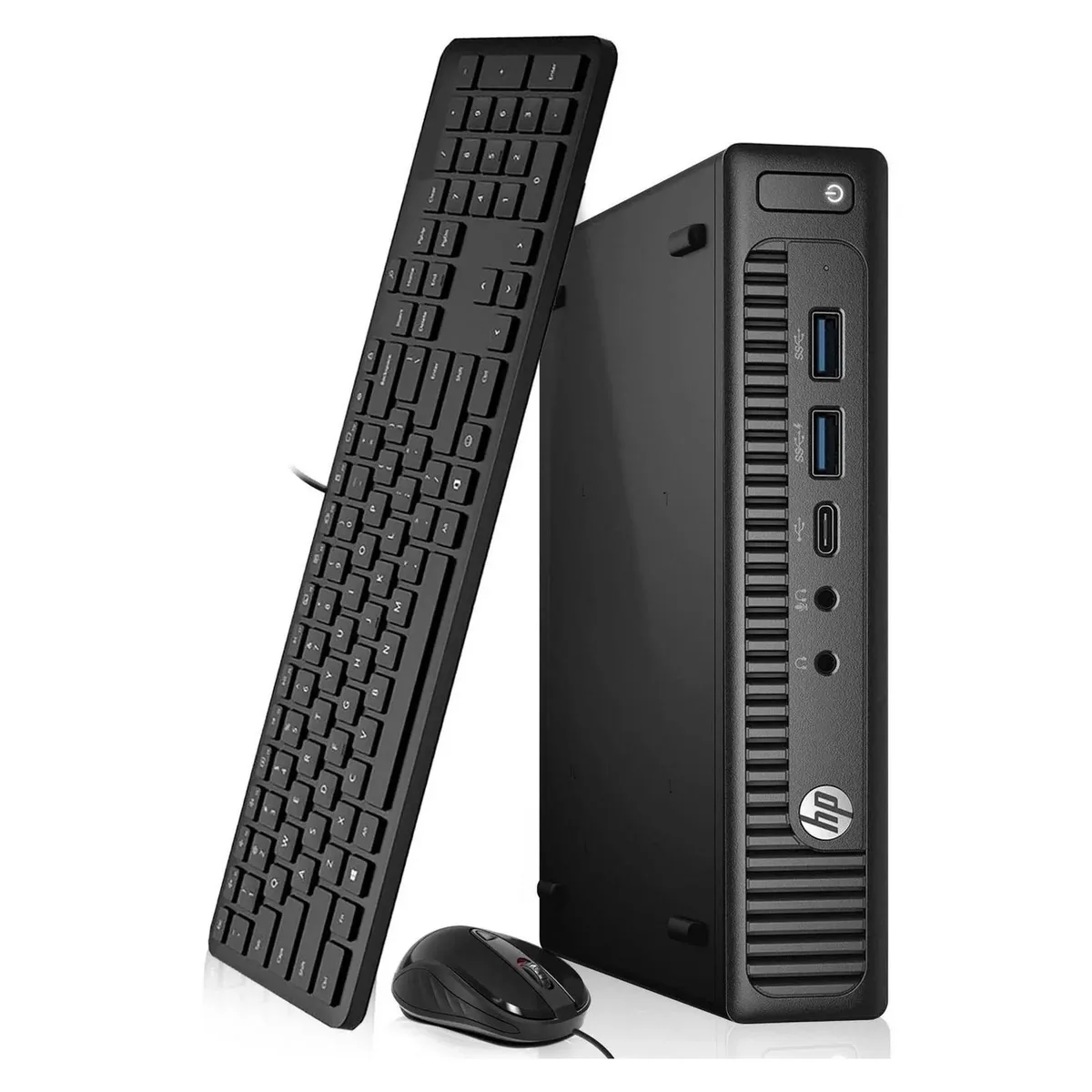 Small black rectangular desktop with keyboard and mouse