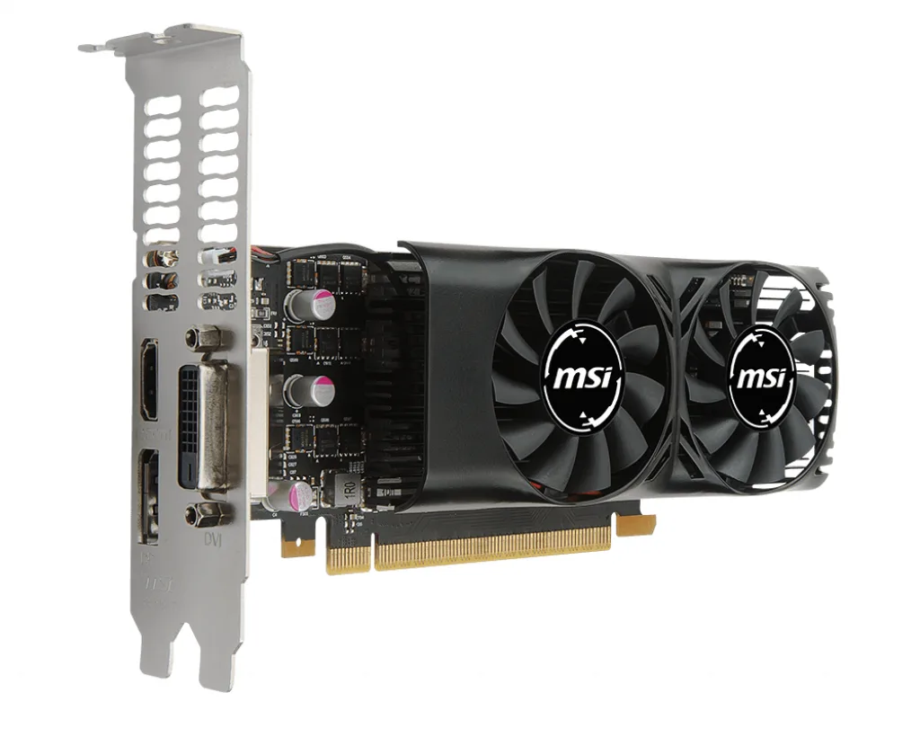 MSI GeForce GTX 1050 low-profile graphics card with dual fans and metal bracket