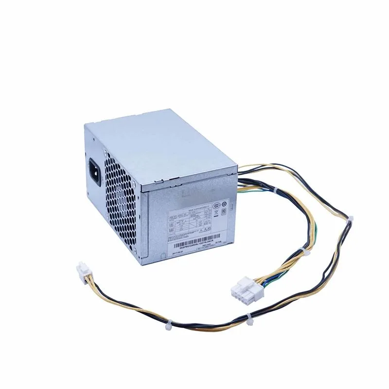Rectangular ATX power supply unit with 10-pin connector, matte black metal casing and cooling fan visible