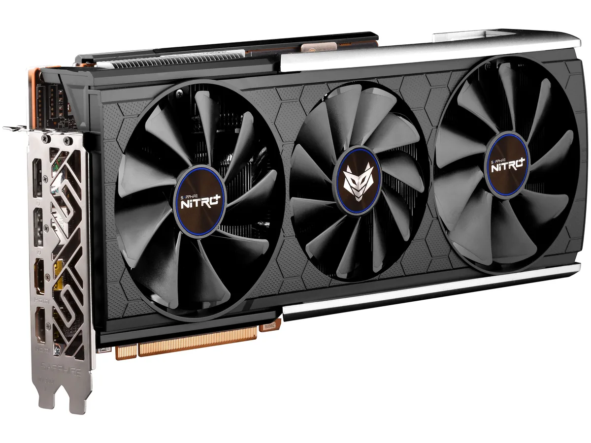 Black triple-fan graphics card with silver accents and dual 8-pin power connectors