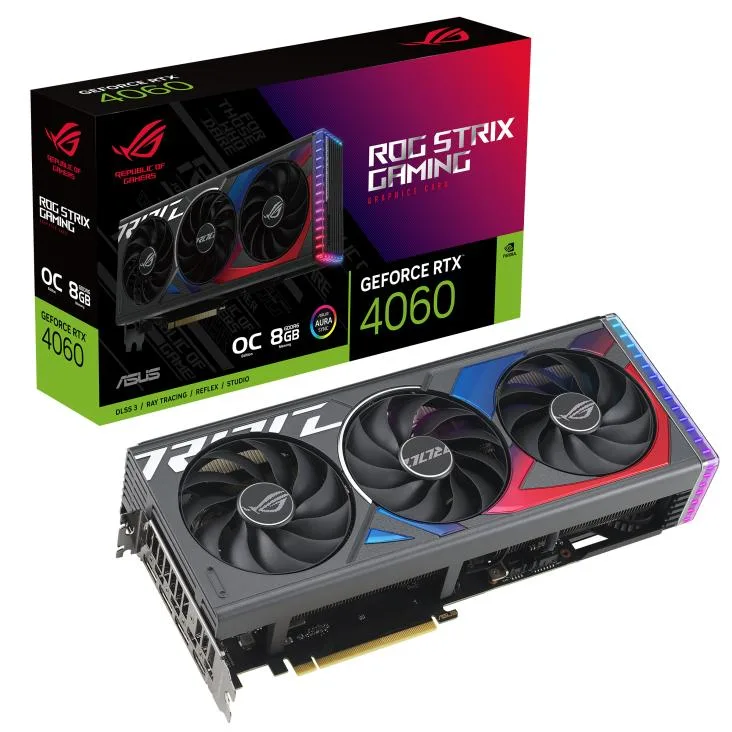 ASUS ROG Strix RTX 4060 graphics card with triple-fan cooler and metallic shroud