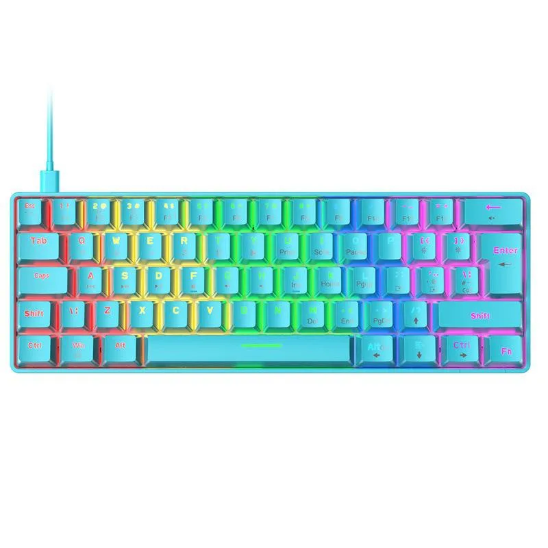 Compact white 62-key mechanical keyboard with blue switches and RGB lighting