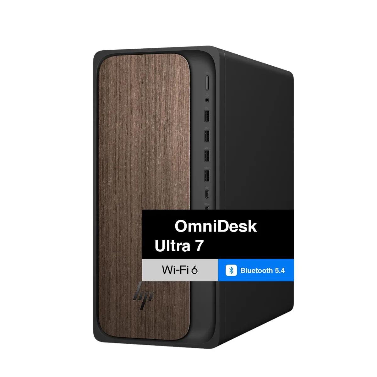 Dark wood tower desktop with wireless keyboard and mouse