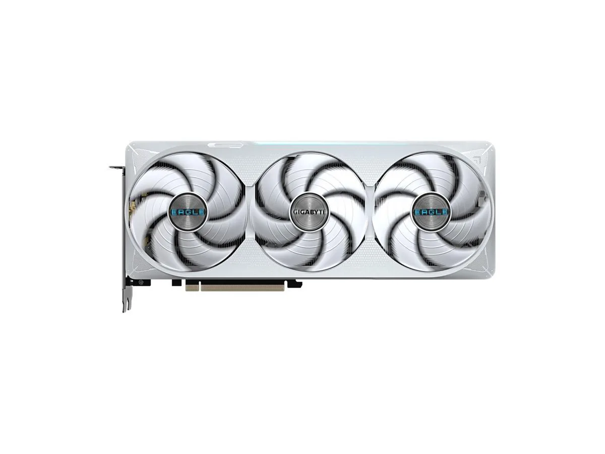Silver triple-fan graphics card with white accents