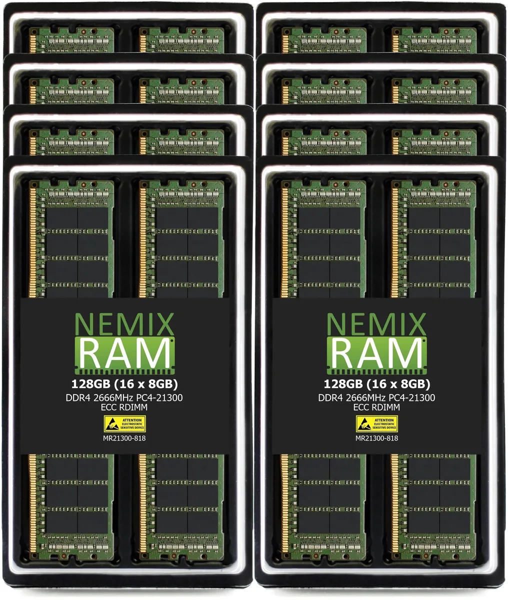 Sixteen green DDR4 RDIMM modules in a row