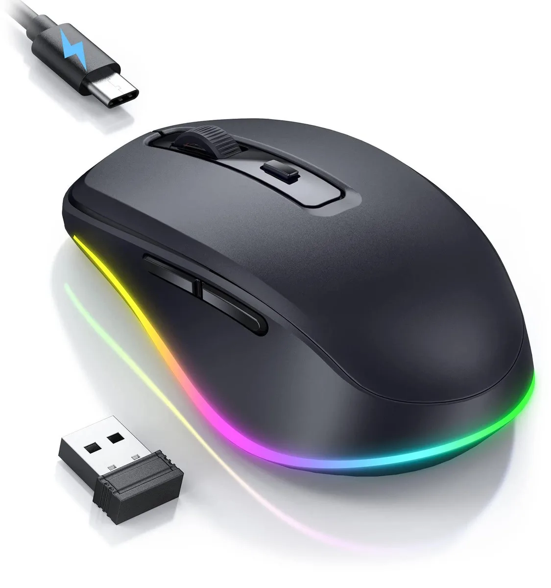Black wireless mouse with LED lighting and built-in jiggler function