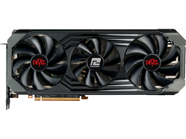 Triple-fan graphics card in dark shroud with red accents
