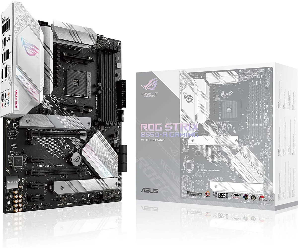 ATX motherboard with black and silver heatsinks and four DDR4 slots