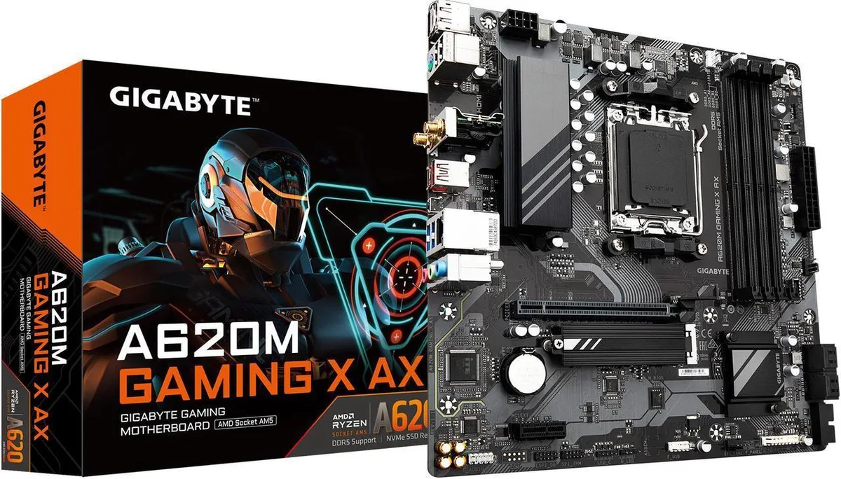 Green rectangular mATX motherboard with silver heatsinks and four black DDR5 slots