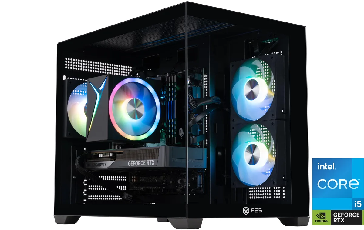 ABS Flux II Aqua tower in black with tempered glass side panel and RGB lighting