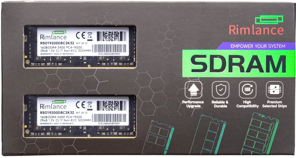 RIMLANCE RIMLANCE RSO19200D8C2K32 32GB (2x16GB) DDR4 2400MHz CL17 1.2V 260-Pin SODIMM 2RX8 — صورة المنتج