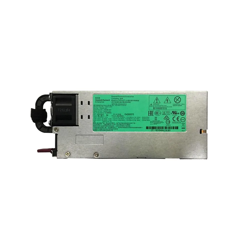 Rectangular silver server PSU with rear exhaust fan grille and power connector socket