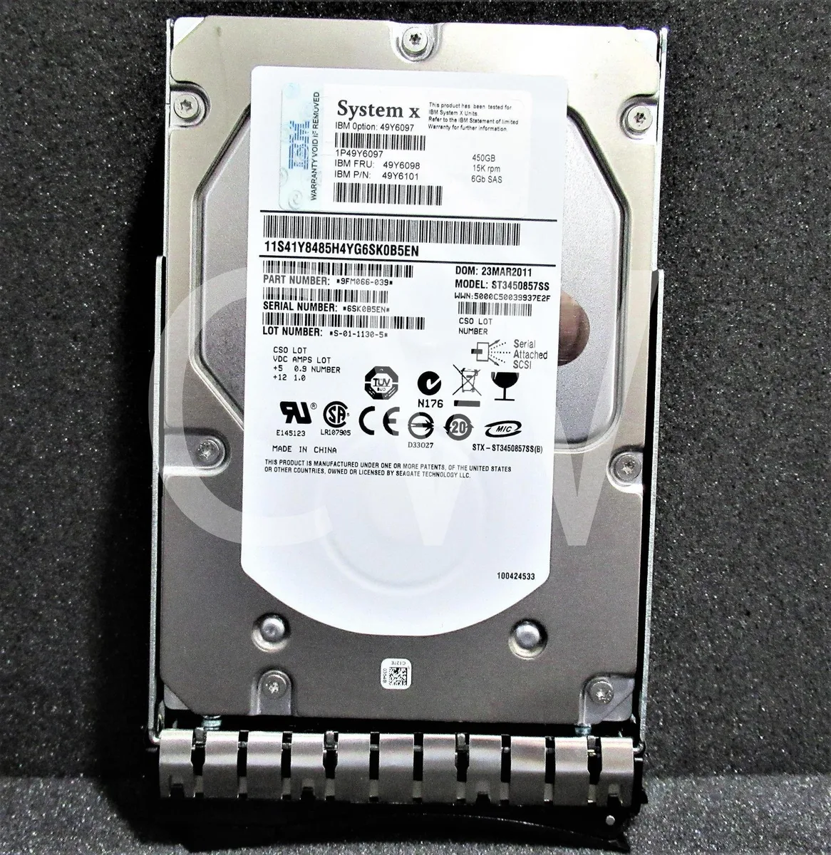 Silver 3.5 inch SAS hard drive in black IBM System X caddy tray