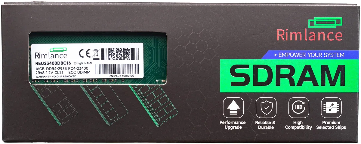 Green 288-pin DDR4 UDIMM with black chips, ECC label