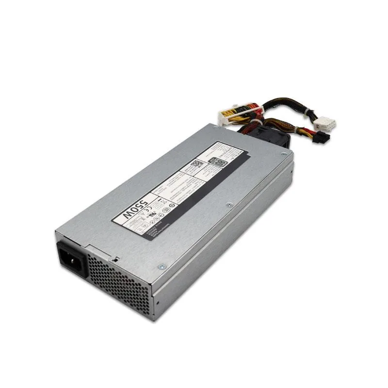 Silver rectangular server power supply unit with rear fan grille and power socket