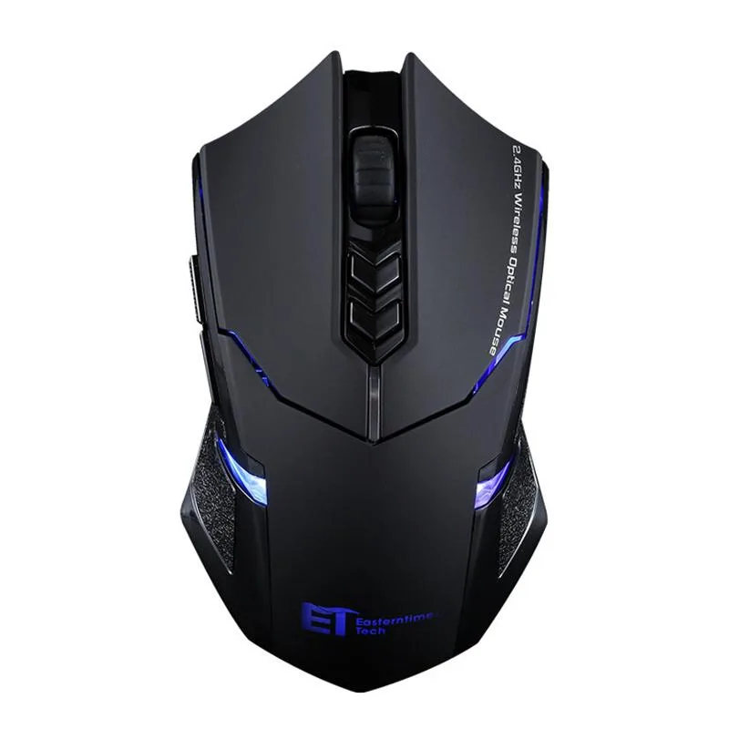 Black wireless gaming mouse with ergonomic shape and red-blue lighting