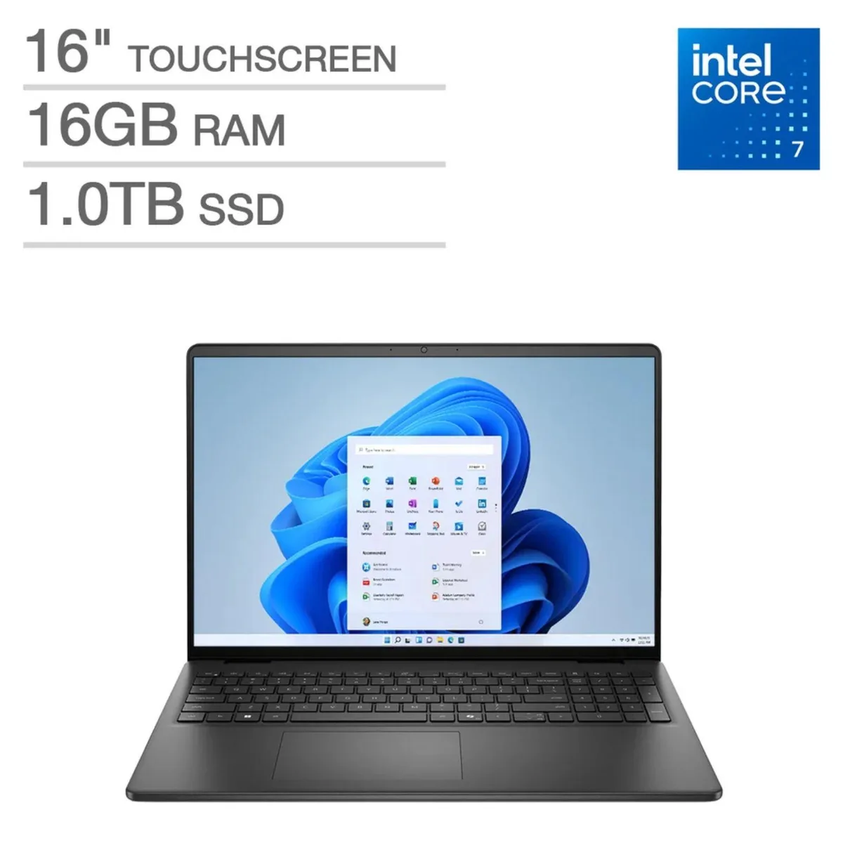 Black 16-inch Dell laptop with touchscreen display, closed lid showing matte finish