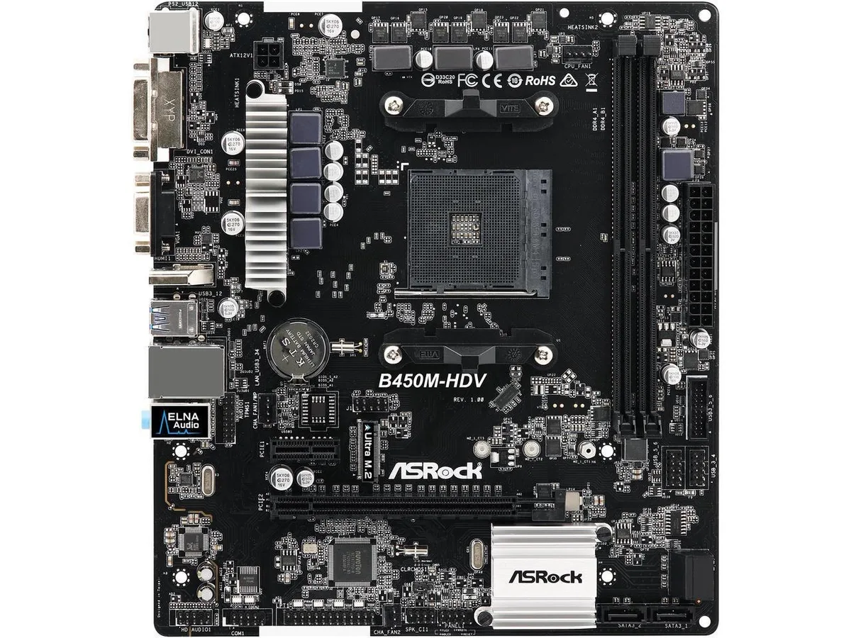 Green MicroATX motherboard with black AM4 socket and silver heatsinks
