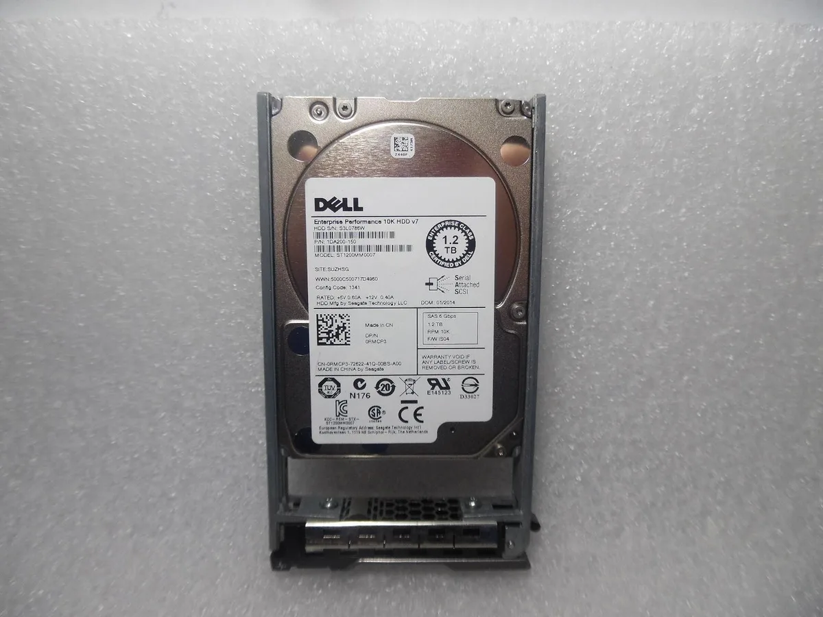 2.5 inch SAS hard drive in silver metal caddy with green circuit board visible