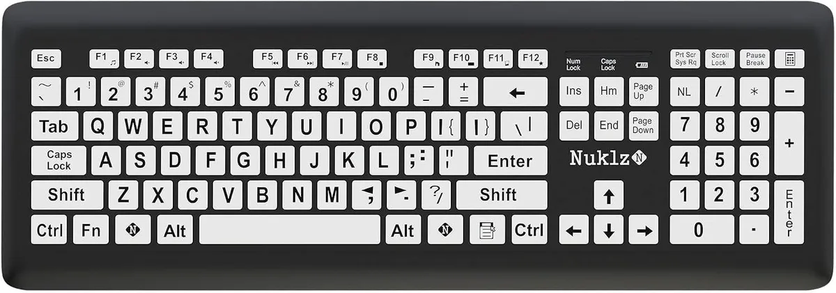 Full-size wireless keyboard, black keys with large white print, adjustable stand