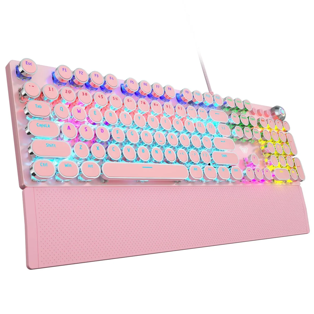 Pink retro mechanical keyboard with round keycaps, aluminum top panel, media knob and magnetic wrist rest