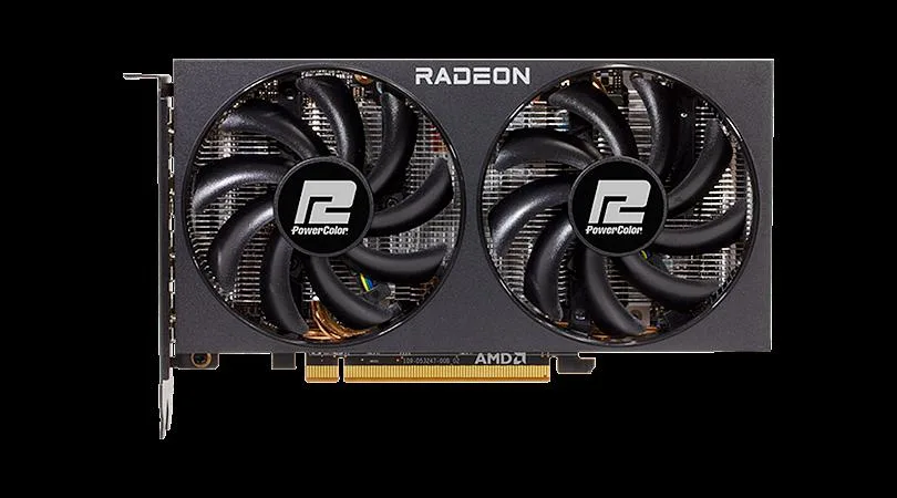 PowerColor Fighter RX 6600 XT dual-fan graphics card, dark shroud with silver accents, two axial fans, metal backplate, HDMI and