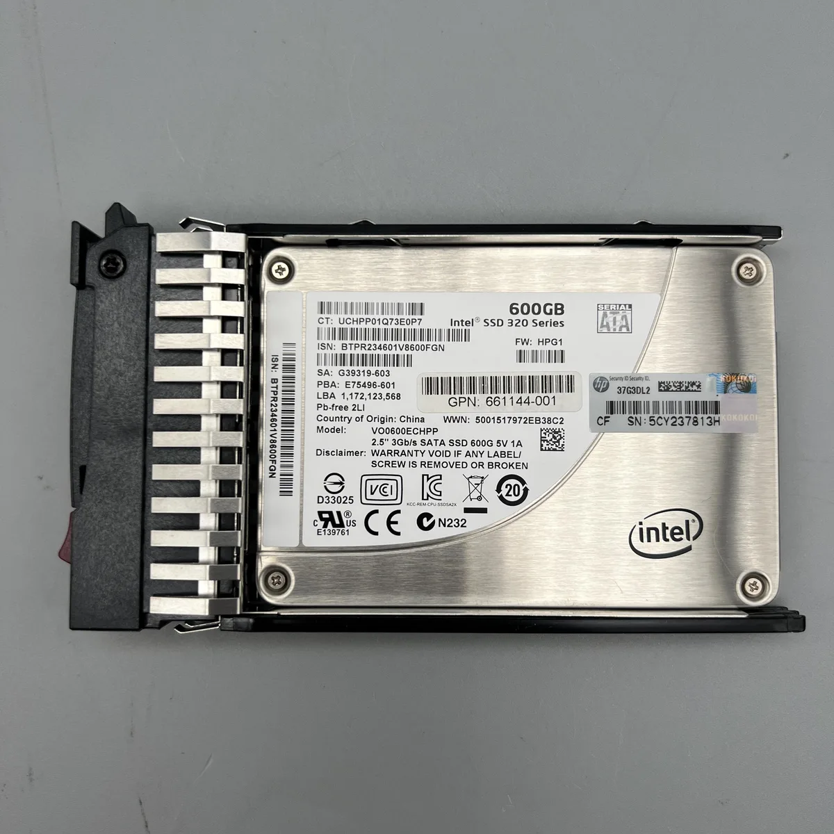 Silver 2.5 inch SATA SSD in a hot-plug tray