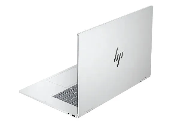Silver 16-inch convertible laptop with edge-to-edge glass touchscreen