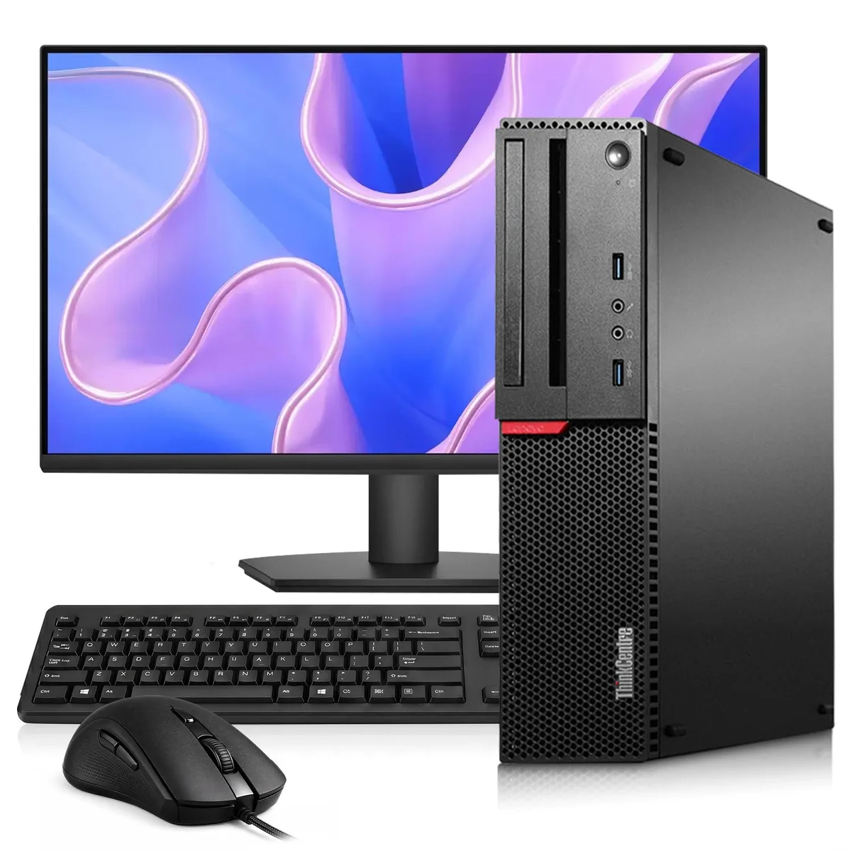 Black Lenovo ThinkCentre M700 small-form-factor tower with 24-inch monitor