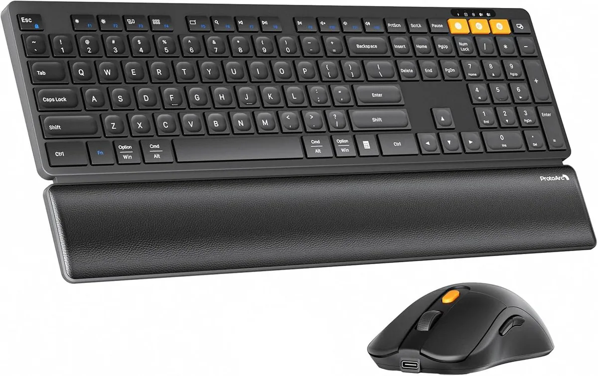 Black full-size keyboard with leather-textured wrist rest, adjustable tilt legs, and matching wireless mouse