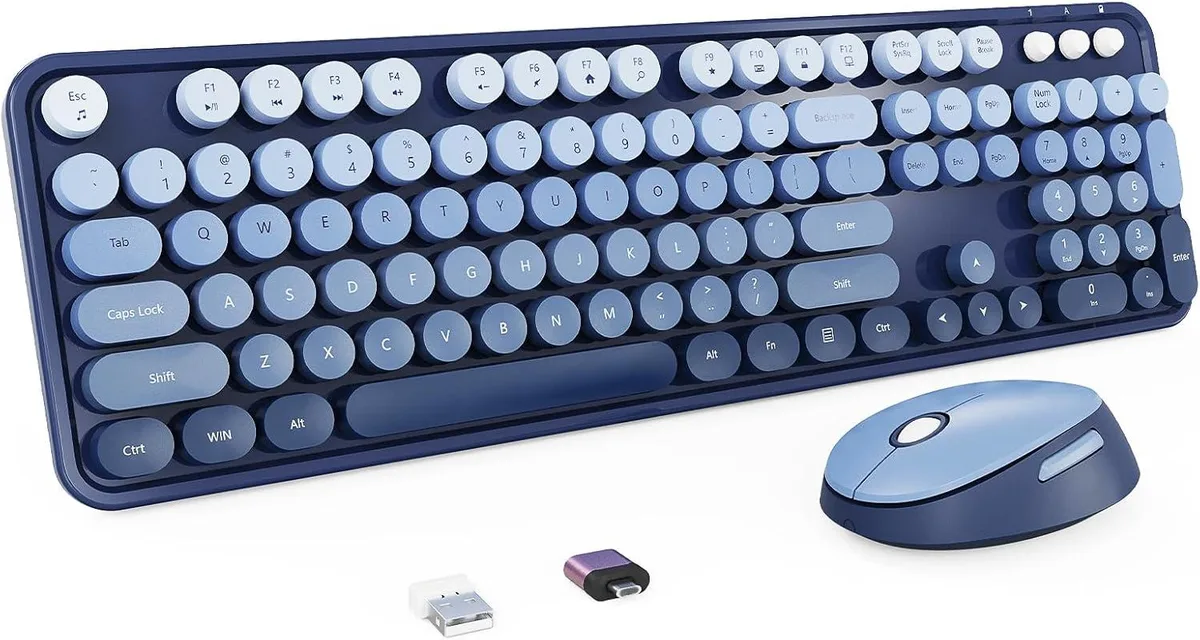 Blue retro typewriter keyboard with round keycaps, full-size layout, wireless mouse included