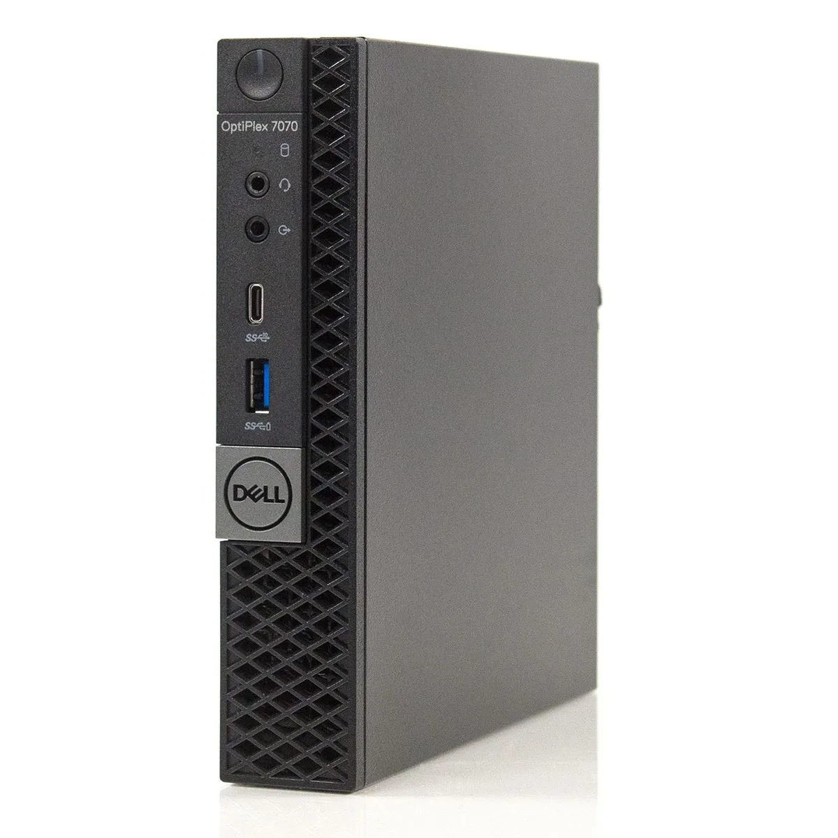 Small matte-black desktop tower with front power button and USB ports