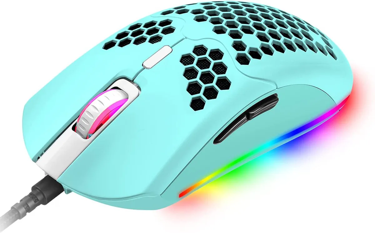 Blue lightweight gaming mouse with honeycomb shell and RGB lighting
