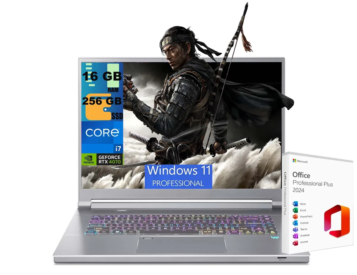 Silver gaming laptop with thin-bezel sixteen inch display and per-key RGB keyboard