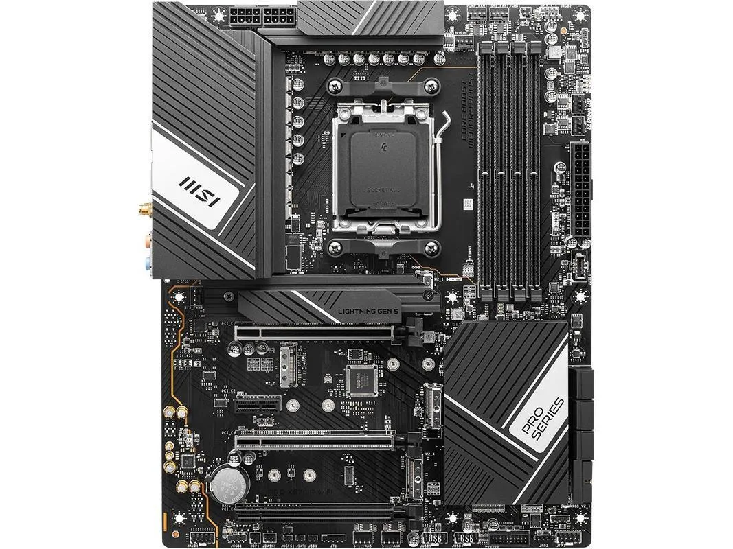 ATX motherboard in matte black with silver heatsinks and rear I/O shield