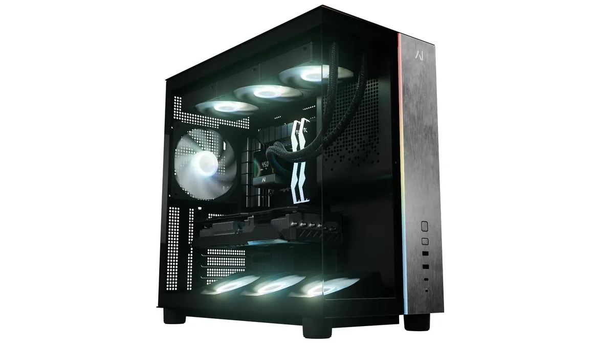 Black mid-tower gaming desktop with liquid cooling and digital AIO display