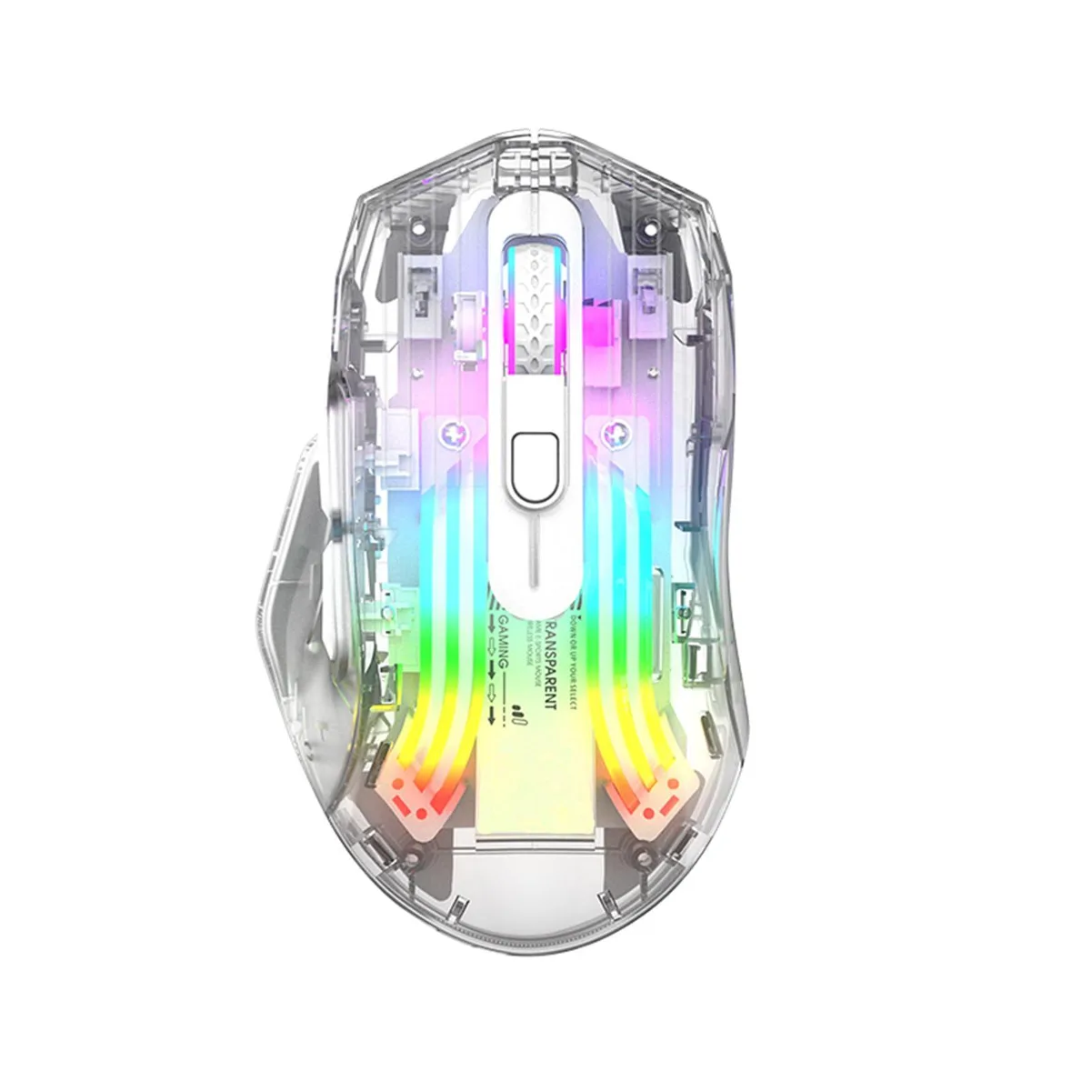 White gaming mouse with transparent crystal shell, 16 buttons, RGB lighting, right-hand shape