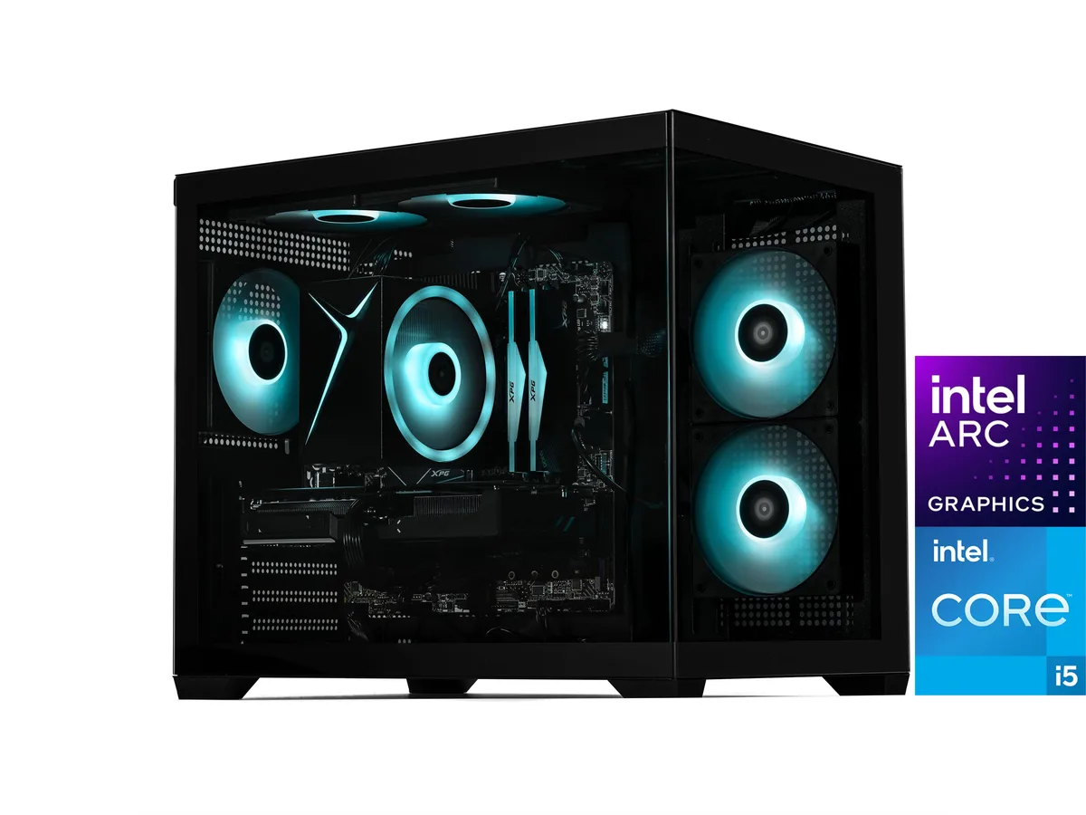 Black micro-ATX tower with RGB memory visible through side panel