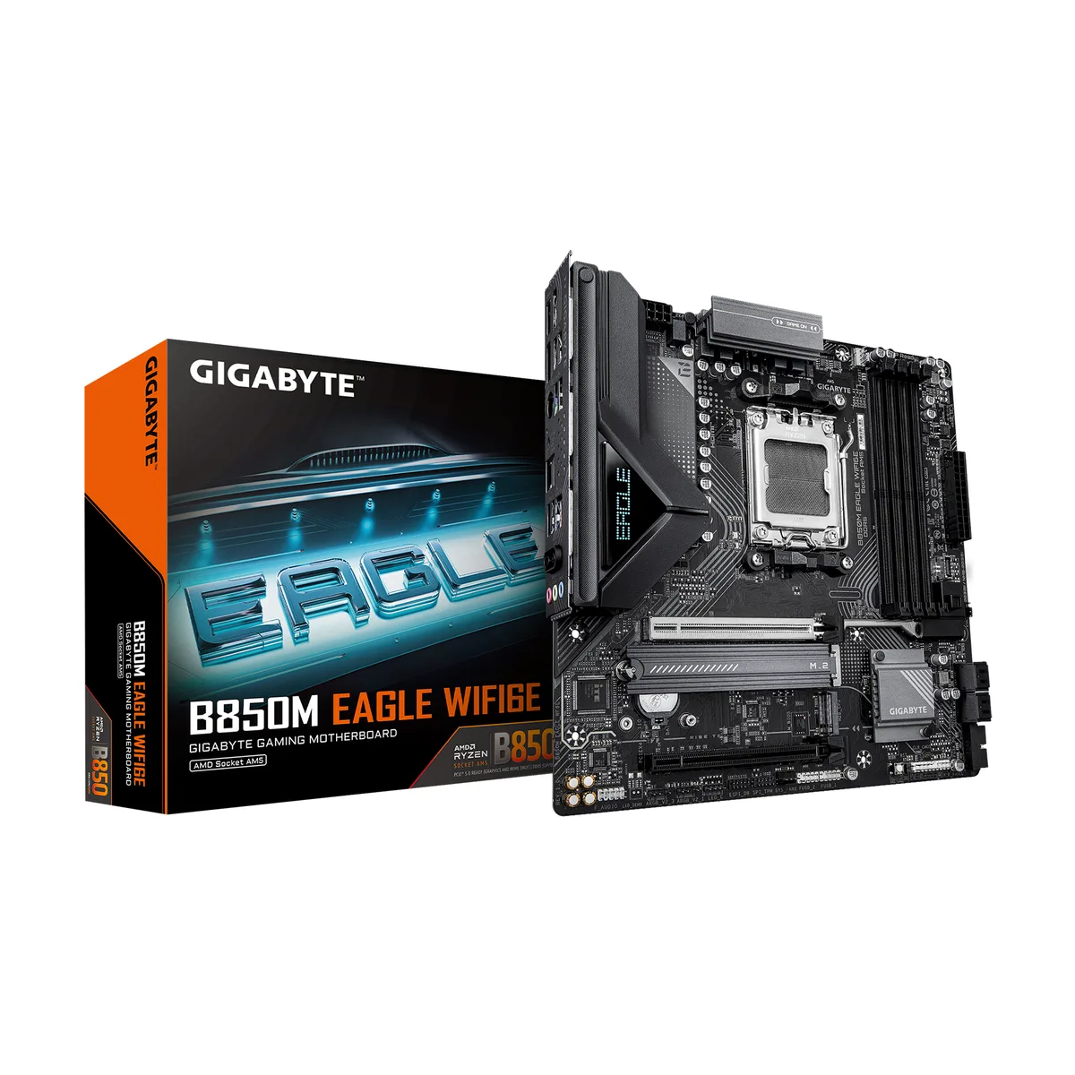 Micro-ATX motherboard, black PCB with silver heatsinks, AM5 socket, four DDR5 slots, dual M.2 covers, rear I/O shield attached