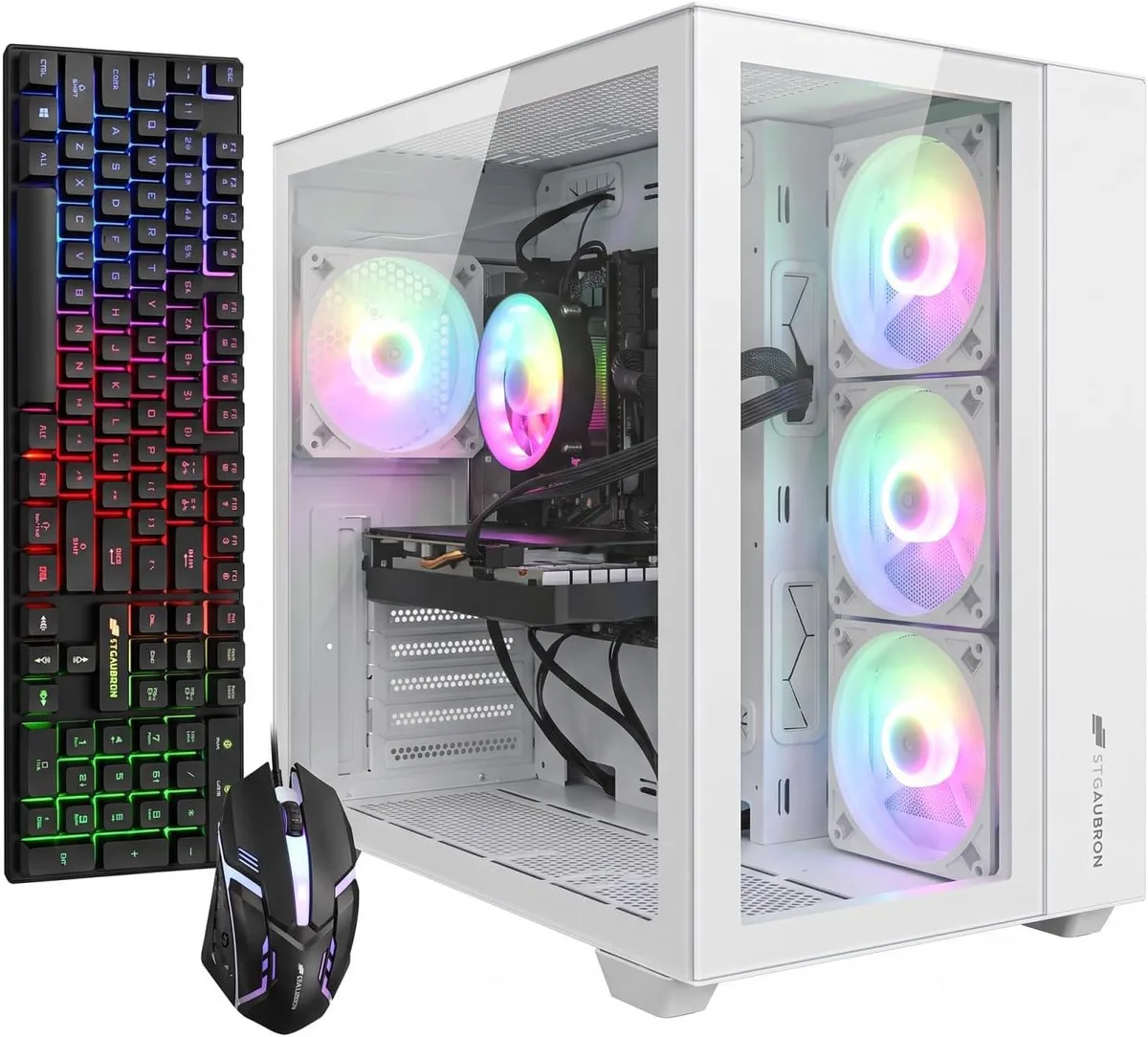 Black mid-tower gaming desktop with four RGB fans visible behind a glass side panel