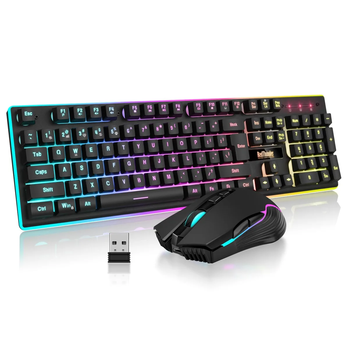 Black wireless gaming keyboard and mouse combo with metal keycaps and LED backlighting