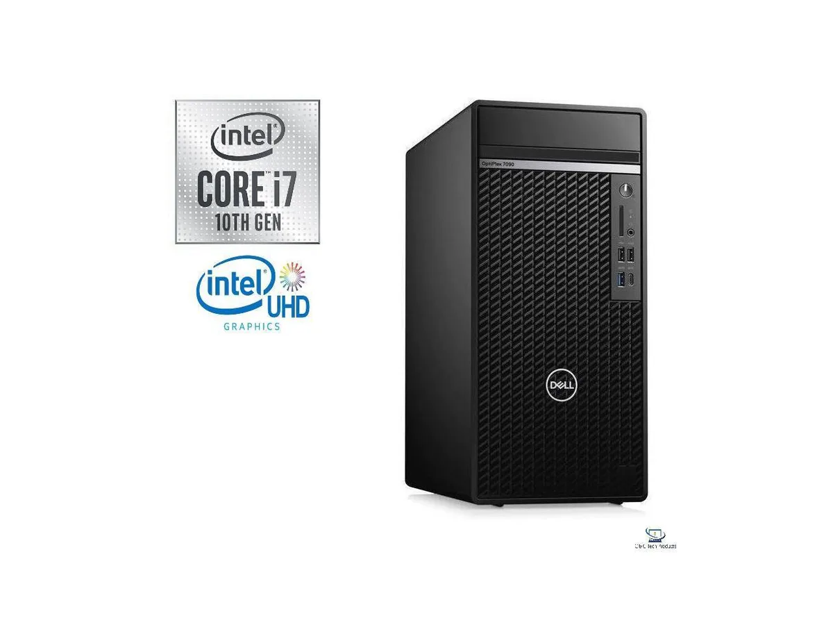 Black Dell OptiPlex 7090 mini tower desktop with wired keyboard and mouse