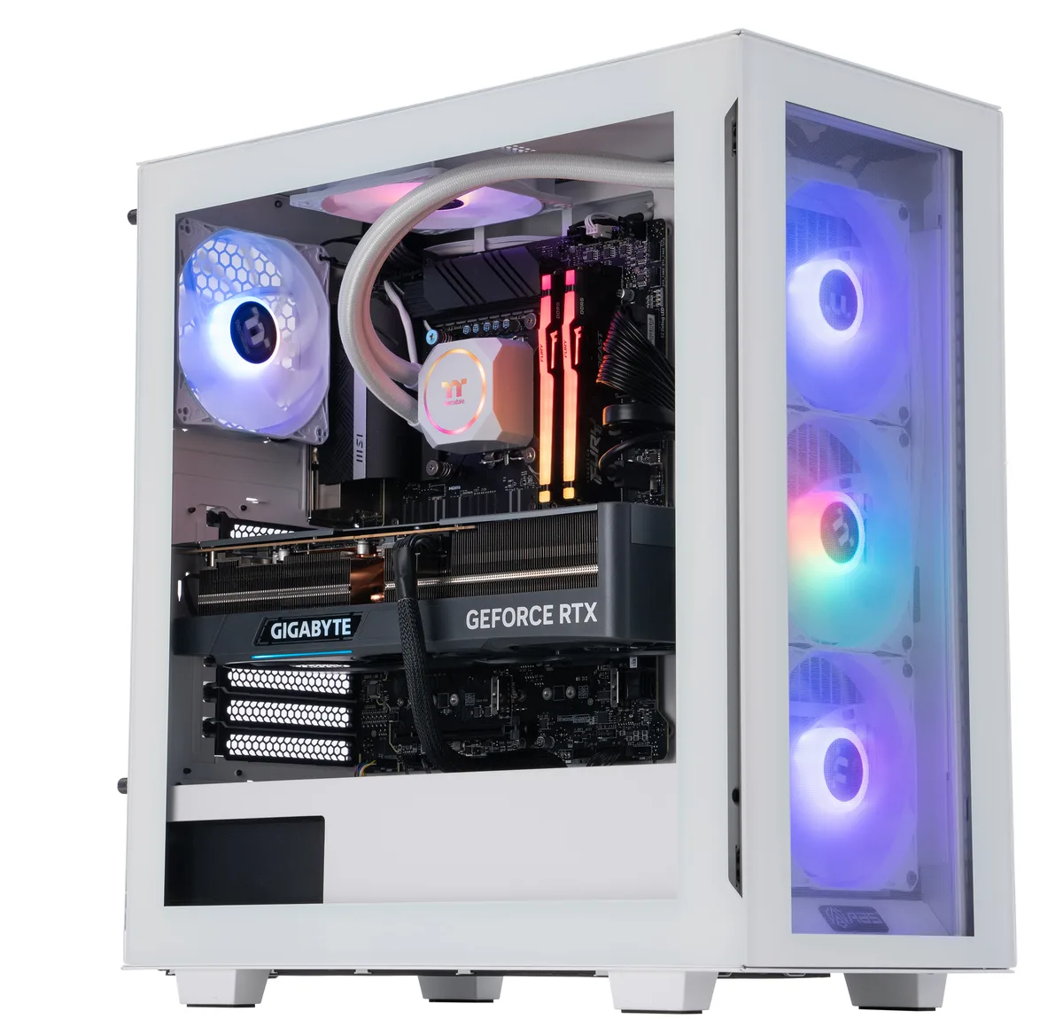 White mid-tower gaming desktop with RGB liquid cooling visible through side panel