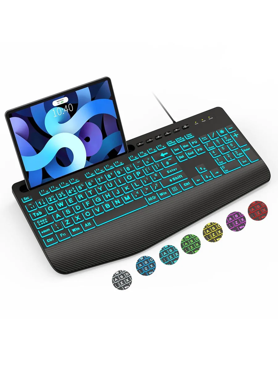 Black mechanical keyboard with large-print keys, integrated wrist rest, phone holder, RGB backlighting